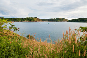 Phuket island panorama view. Sea bay with sailing yachts. Thailand.