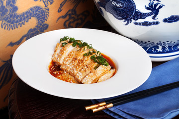 duck breast in Chinese dragon vase still life painting sticks sauce sweet, sour chives