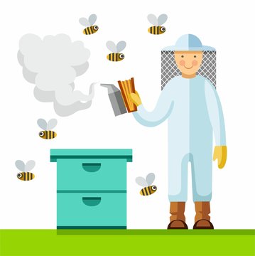 The beekeeper in the apiary, color picture.  