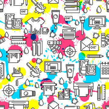 Vector seamless pattern with outline printing icons, watercolor blots and splashes. Abstract watercolor background in cmyk colors. Design concept for copy center, printing service, publishing design.
