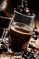 Coffee beans, ground coffee, espresso in a glass, coffee, vintag