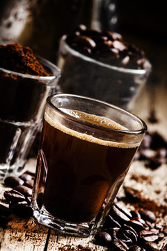 Coffee beans, ground coffee, espresso in a glass, coffee, vintag