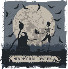 Halloween greeting card with skeleton and skull