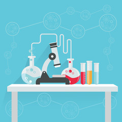 Science education research lab with flasks and laboratory equipment poster vector illustration