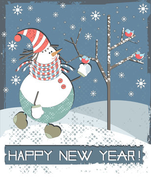 Happy New Year greeting card with Snowman