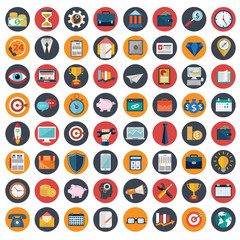 Set of various financial service items, web and technology development, business management symbol, marketing items and office equipment on background