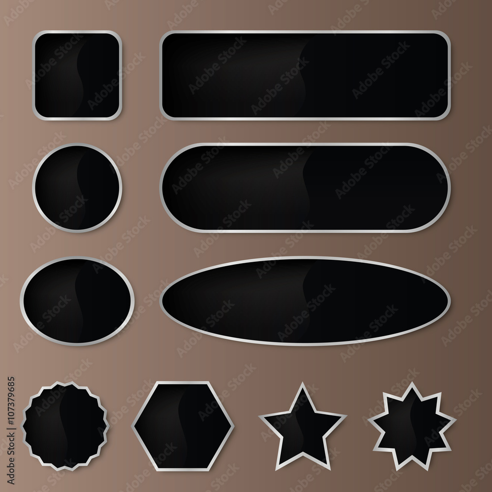 Wall mural set of 10 elegant black with silver web buttons with different shapes.