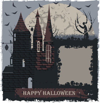 Stylish Halloween greeting card with witch castle