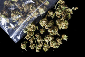 Pile of medical cannabis dried buds scattered from nylon package on black background from above