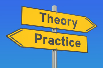 theory or practice concept on the road signpost, 3D rendering