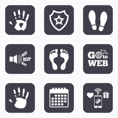 Hand and foot print icons. Imprint shoes symbol.