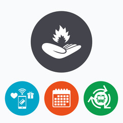 Insurance against fire. Hand holds fire flame.