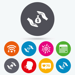 Hands insurance icons. Money savings sign.