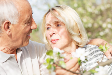 Senior couple enjoying a moment in their blossoming garden.