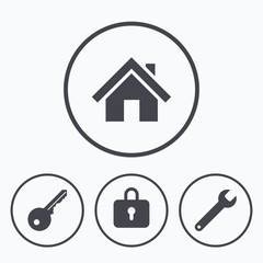 Fototapeta na wymiar Home key icon. Wrench service tool symbol.