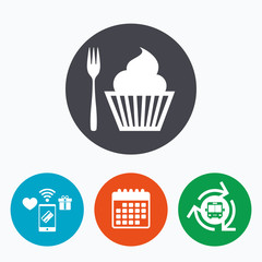 Eat sign icon. Dessert fork with muffin.