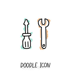 Doodle wrench and screwdriver icon. Working icon, equipment, technology, machinery.