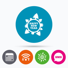 Obraz premium Happy new year globe sign icon. Gifts and trees.