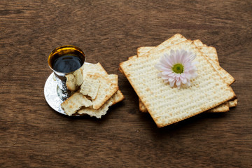 Fototapeta na wymiar Pesach Still-life with wine and matzoh jewish passover bread