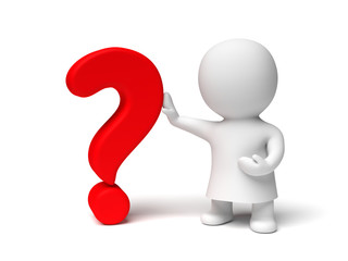 white human 3d character wearing a gown holding a red question mark in a white scene (3D illustration)