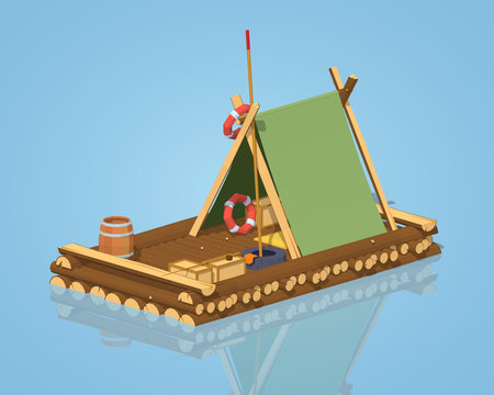 Wooden raft against the blue background. 3D lowpoly isometric vector illustration