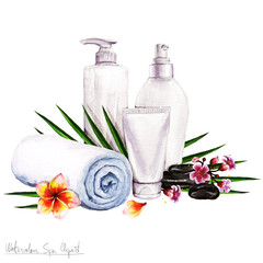 Obraz na płótnie Canvas Watercolor SPA Clipart - Collection of SPA and Beauty products and elements, isolated