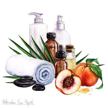 Watercolor SPA Clipart - Collection of SPA and Beauty products and elements, isolated