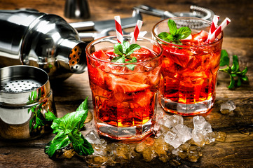 Red drink. Cocktail making bar accessories vintage