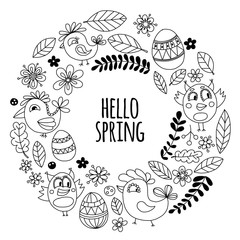 Doodle set with flowers, birds and eggs