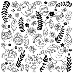 Doodle set with flowers, birds and eggs