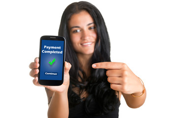 Woman Pointing at a Mobile Phone