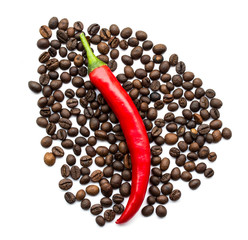 Red chili peppers and coffee beans on white background