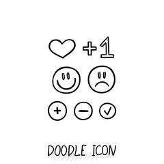 Set of doodle social icons. Love, plus, smiling.