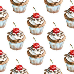 Watercolor summer sweet chocolate cupcake pattern 