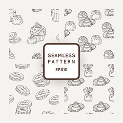 Set of Vector Candy, Cooky and Muffins Seamless Patterns. Sweet Party Texture.