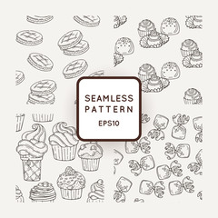 Set of Vector Candy, Bows and Muffins Seamless Patterns. Sweet Party Texture.
