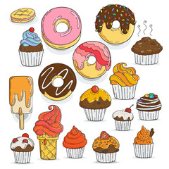 Set of Candy and Muffins Icons. Cakes, Sweets, Lollipops, Bows.