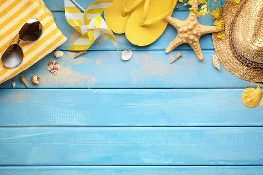 Beach accessories on wood