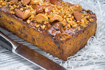 Nuts and honey cake, selective focus
