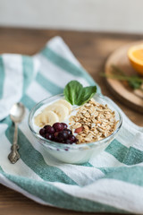 Healthy and wholesome breakfast. Yogur with muesli and currants