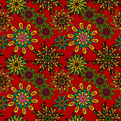 Fototapeta na wymiar Seamless pattern with bright colorful drawn mandala flowers
