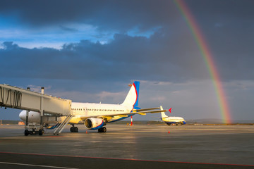 Rainbow in the evening airport