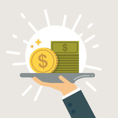 Serving money vector illustration. Businessman hand holding a tray with money.