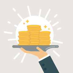 Serving money vector illustration. Businessman hand holding a tray with coins.