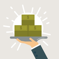 Serving money vector illustration. Businessman hand holding a tray with banknotes.
