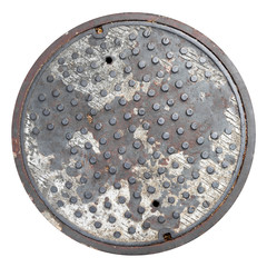 Rusty, grunge manhole cover, ROUND edge, rim isolated