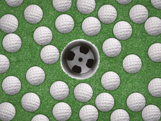 top view golf balls with empty golf cup on green background