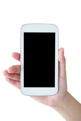 hand hold mobile phone isolated on white