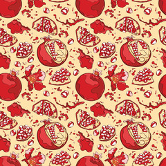Pomegranate . Juicy fruit. Spray juice and juice drops. Vector seamless pattern (background).