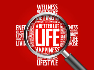 A Better Life word cloud with magnifying glass, health concept